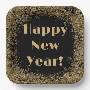 Happy New Year Elegant Gold and Black glitter Paper Plates