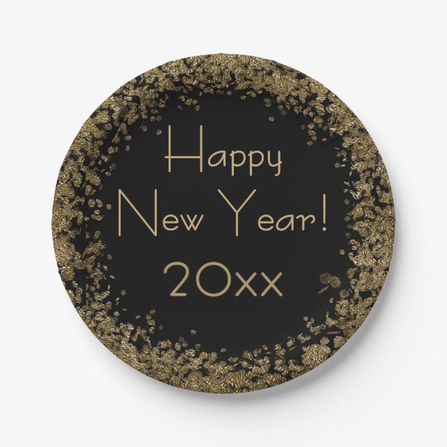 Happy New Year Elegant Gold and Black Paper Plates (Front)