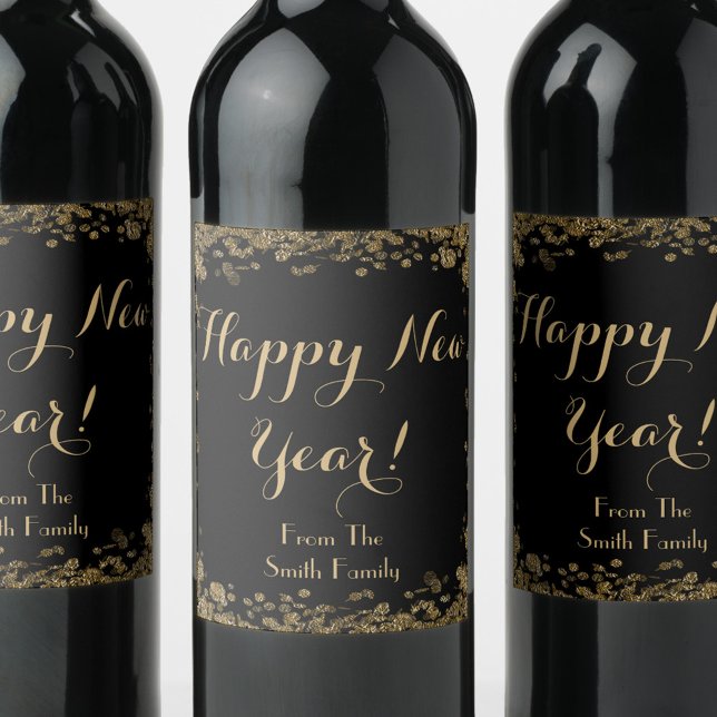 Happy New Year Elegant Gold and Black Wine Label (Creator Uploaded)