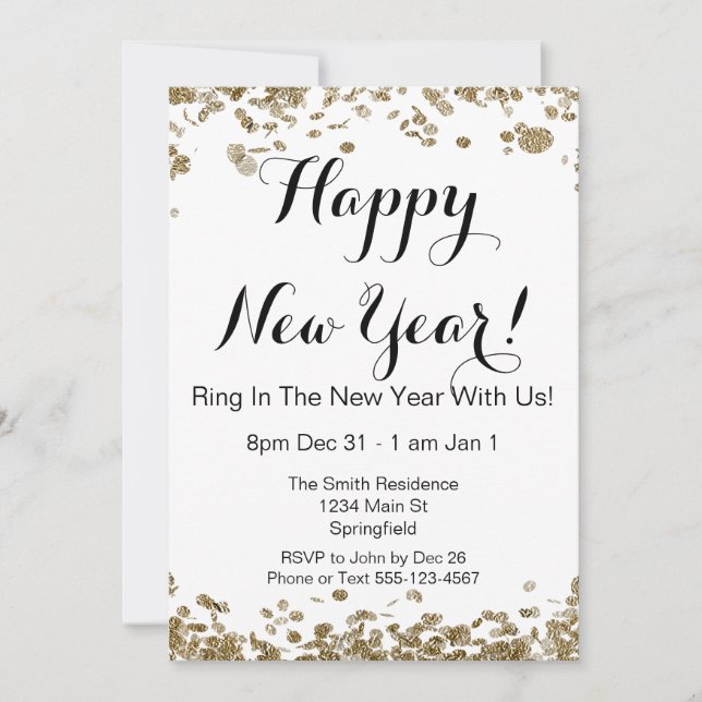 Happy New Year Elegant Gold and White Confetti Invitation (Front)