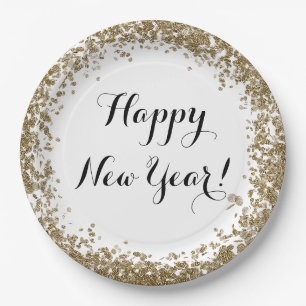 Happy New Year Elegant Gold and White Paper Plates