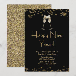 Happy New Year Elegant Gold Glitter and Black Invitation