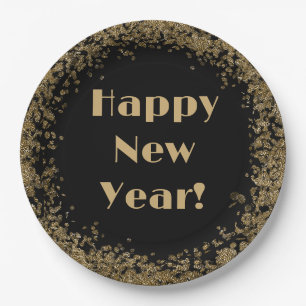 Happy New Year Elegant Gold Glitter and Black Paper Plates