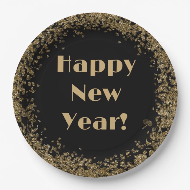 Happy New Year Elegant Gold Glitter and Black Paper Plates (Front)
