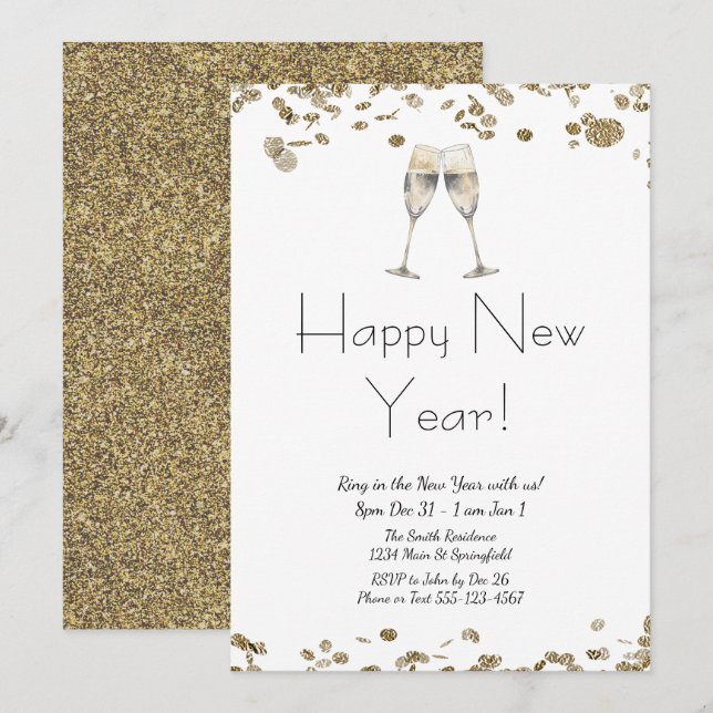 Happy New Year Elegant Gold Glitter and White  Invitation (Front/Back)