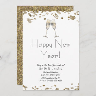 Happy New Year Elegant Gold Glitter and White Invitation