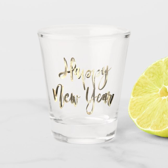 Happy New Year Elegant Gold Look Script Chic Shot Glass (Front)