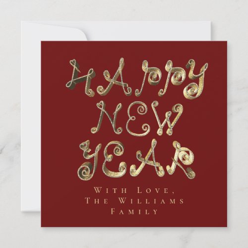 Happy New Year Elegant Gold Script Red Holiday Card