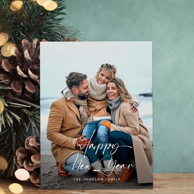 Happy New Year Elegant Minimal Script Photo Holiday Postcard (Creator Uploaded)