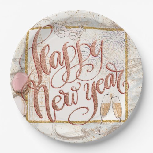 Happy New Year Elegant Rose Gold Script Paper Plates