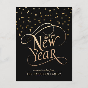 Happy New Year Elegant Script Black Gold Holiday Postcard