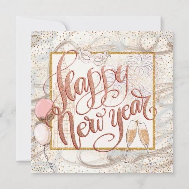 Happy New Year Elegant Script Champagne Balloons Holiday Card (Front)