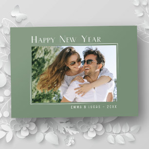 Happy New Year Elegant Simple Sage Green Photo Holiday Card
