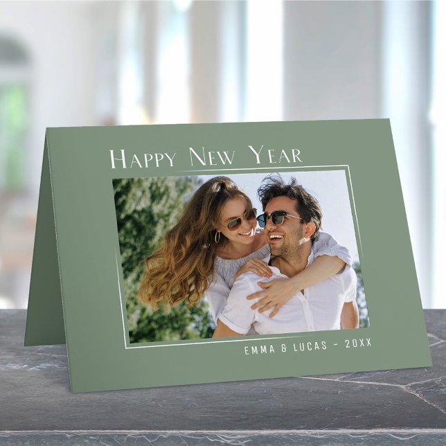 Happy New Year Elegant Simple Sage Green Photo Holiday Card (Available in high quality print or digital download for quick text messaging, email or self print.)