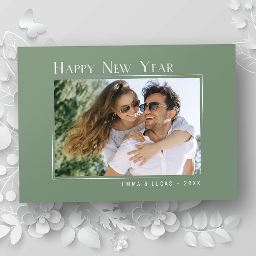 Happy New Year Elegant Simple Sage Green Photo Holiday Card