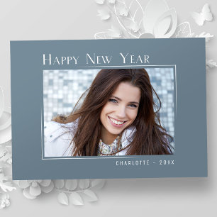 Happy New Year Elegant Simple Slate Blue Photo Holiday Card