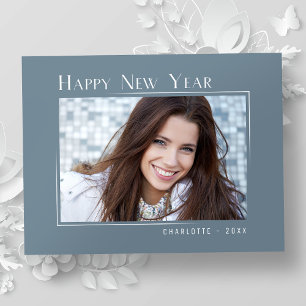 Happy New Year Elegant Simple Slate Blue Photo Holiday Postcard