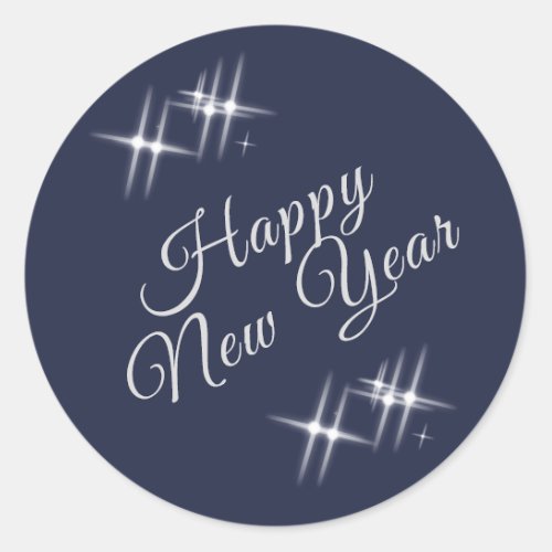 Happy New Year Elegant Sparkles Navy Blue Classic Round Sticker