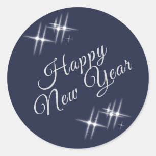 Happy New Year Elegant Sparkles Navy Blue Classic Round Sticker