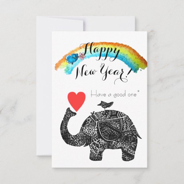 Happy New Year Elephant and Blue Bird Invitation (Front)