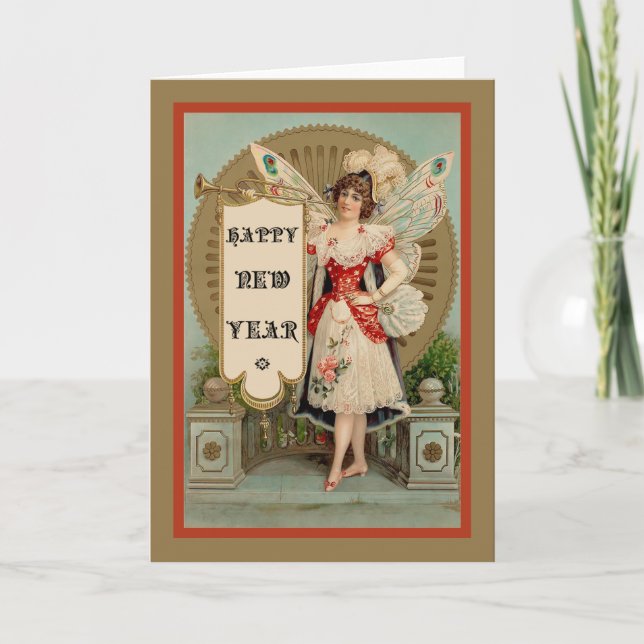 Happy New Year Fairy With Trumpet and Banner Holiday Card (Front)