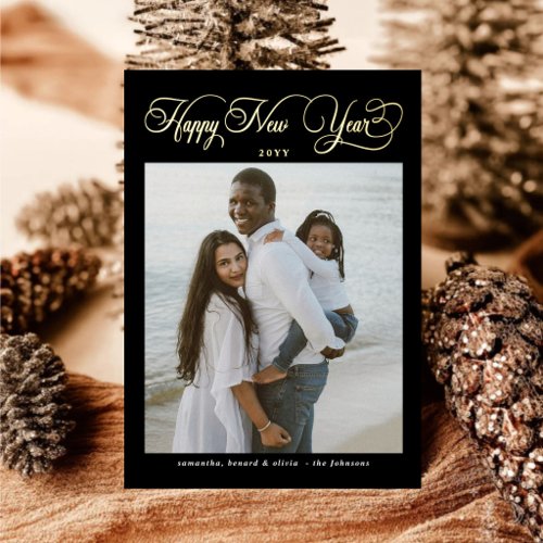 Happy New Year Family 4 Photo Collage Foil Holiday Card