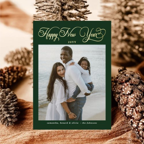 Happy New Year Family Green 4 Photo Collage Foil Holiday Card