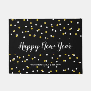 Happy New Year + family name, gold black confetti Doormat