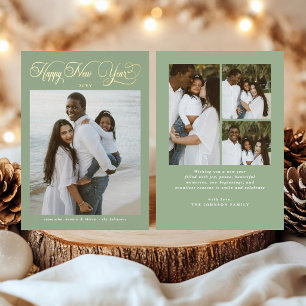Happy New Year Family Sage Green 4 Photo Collage Foil Holiday Card