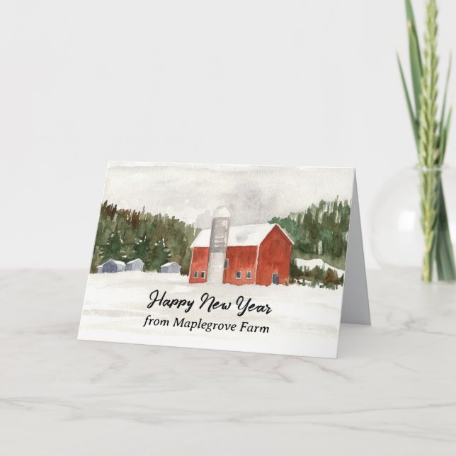 Happy New Year Farm Personalized Red Barn Card (Front)