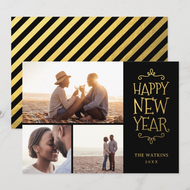 Happy New Year Faux Foil 3 Photo Collage Holiday Card (Front/Back)