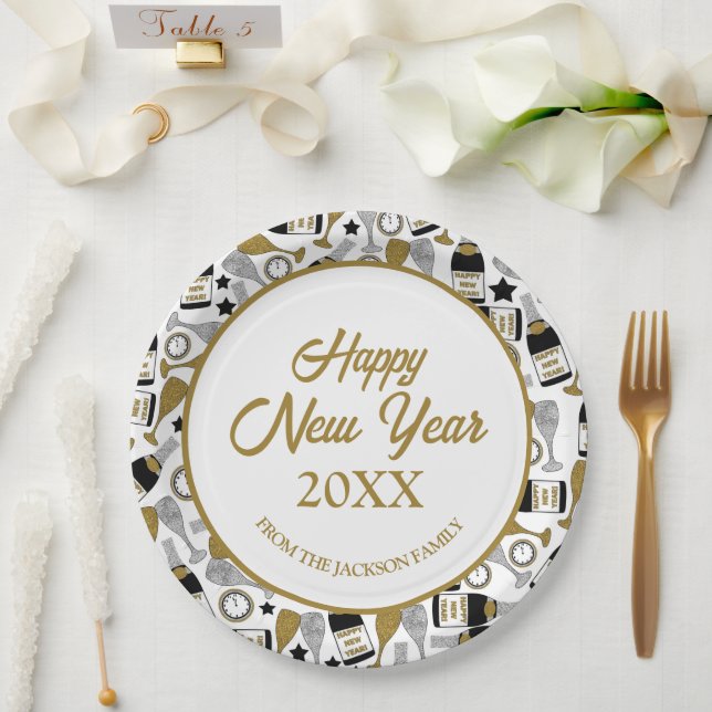 Happy New Year Faux Glitter Personalized Paper Plates (Wedding)