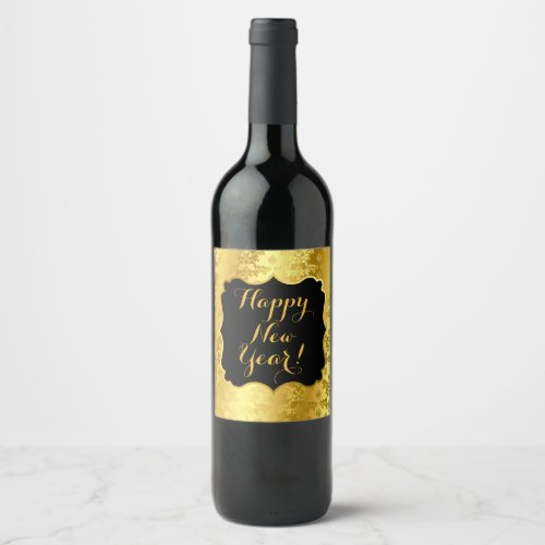 Happy New Year Faux Gold Foil on Black Wine Label