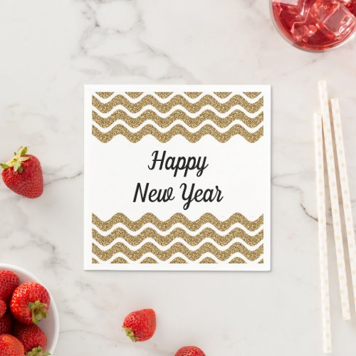 Happy New Year Faux Gold Glitter Stripes Napkins