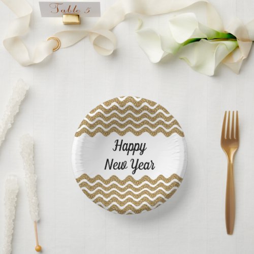 Happy New Year Faux Gold Glitter White Stripes Paper Bowls