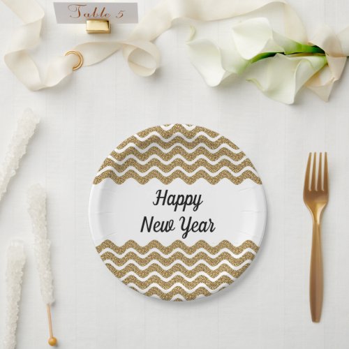 Happy New Year Faux Gold Glitter White Stripes Paper Plates