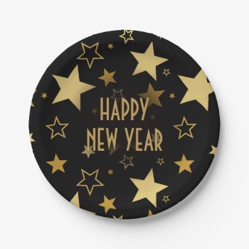 Happy New Year Faux Golden Stars Paper Plates by Naokko at Zazzle