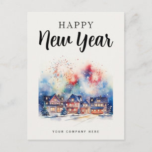 Happy New Year Festive House Fireworks Realty Holiday Postcard