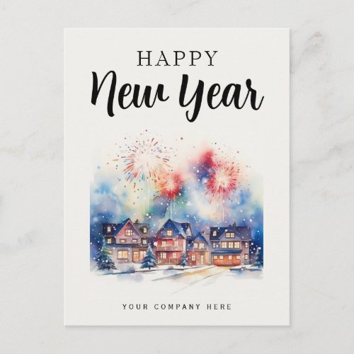 Happy New Year Festive House Fireworks Realty  Holiday Postcard