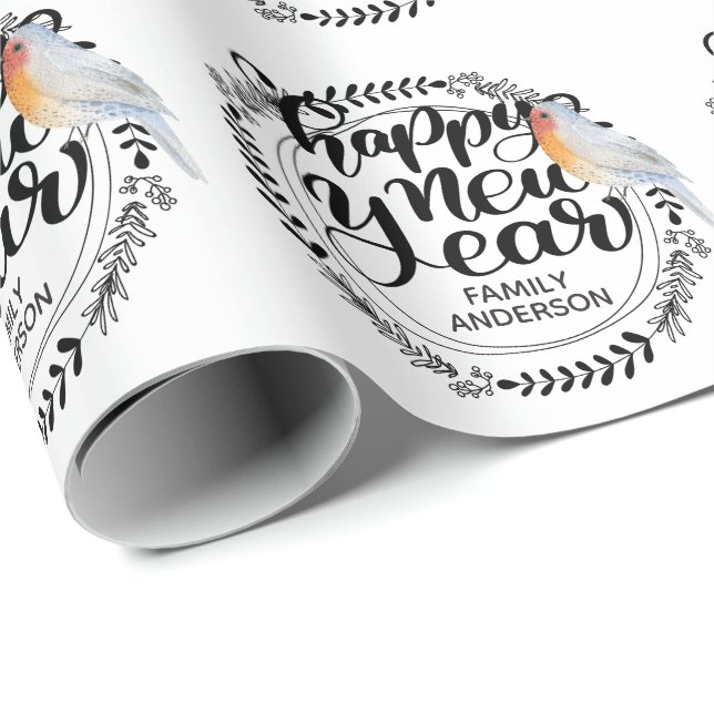 HAPPY NEW YEAR Festive Winter Robin Personalized Wrapping Paper (Roll Corner)