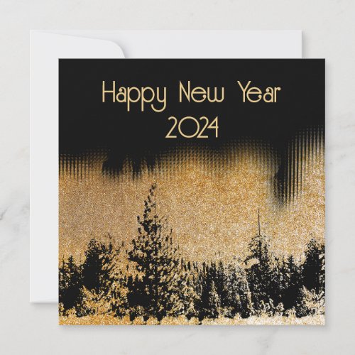 Happy new year fir trees silhouettes on gold dots
