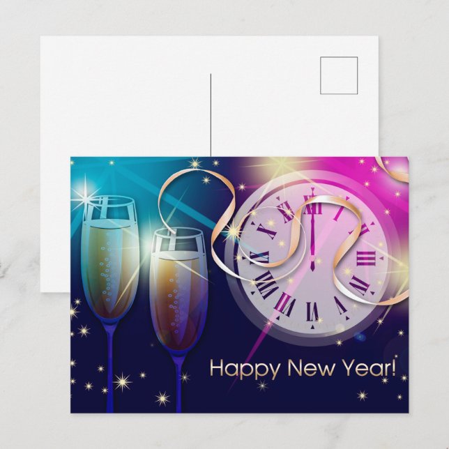 Happy New Year. Fireworks and Champagne  Postcard (Front/Back)