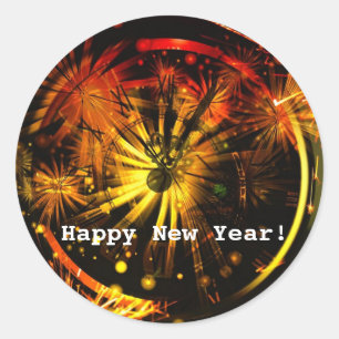Happy New Year! Fireworks and Clock Classic Round Sticker