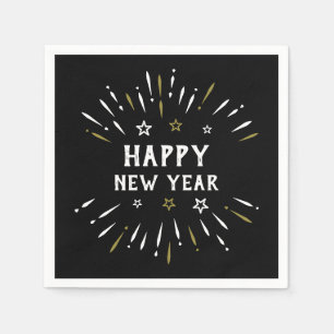 Happy New Year Fireworks Black White Gold Stars Napkins
