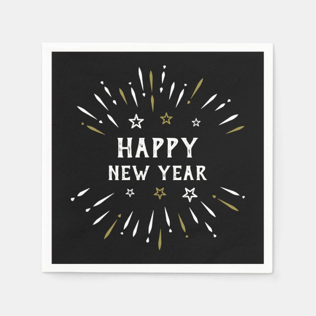 Happy New Year Fireworks Black White Gold Stars Napkins (Front)