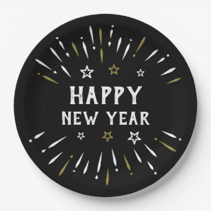 Happy New Year Fireworks Black White Gold Stars Paper Plates