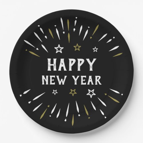 Happy New Year Fireworks Black White Gold Stars Paper Plates