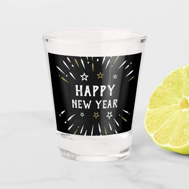 Happy New Year Fireworks Black White Gold Stars Shot Glass (Front)