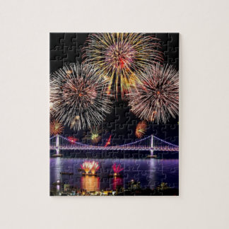 Happy New Year Fireworks By Bridge in City Jigsaw Puzzle