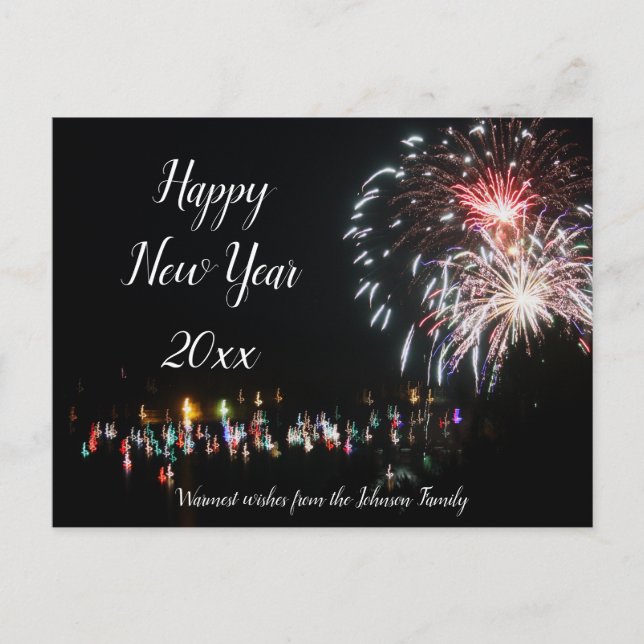 Happy New Year Fireworks, Family Greetings Postcard (Front)